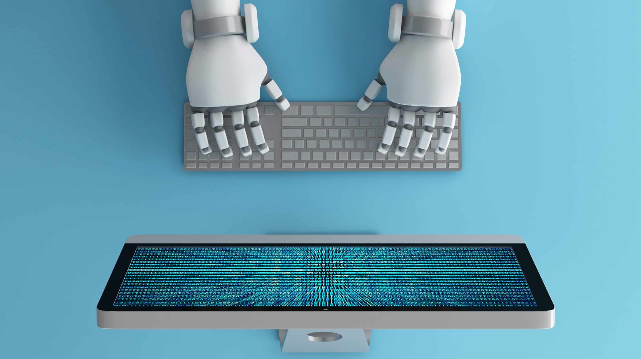 Robot hands typing on keyboard
